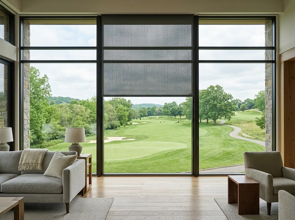 Sunscreen roller blind partially lowered over a wide window overlooking a golf course fairway at Woodhill Golf Estate