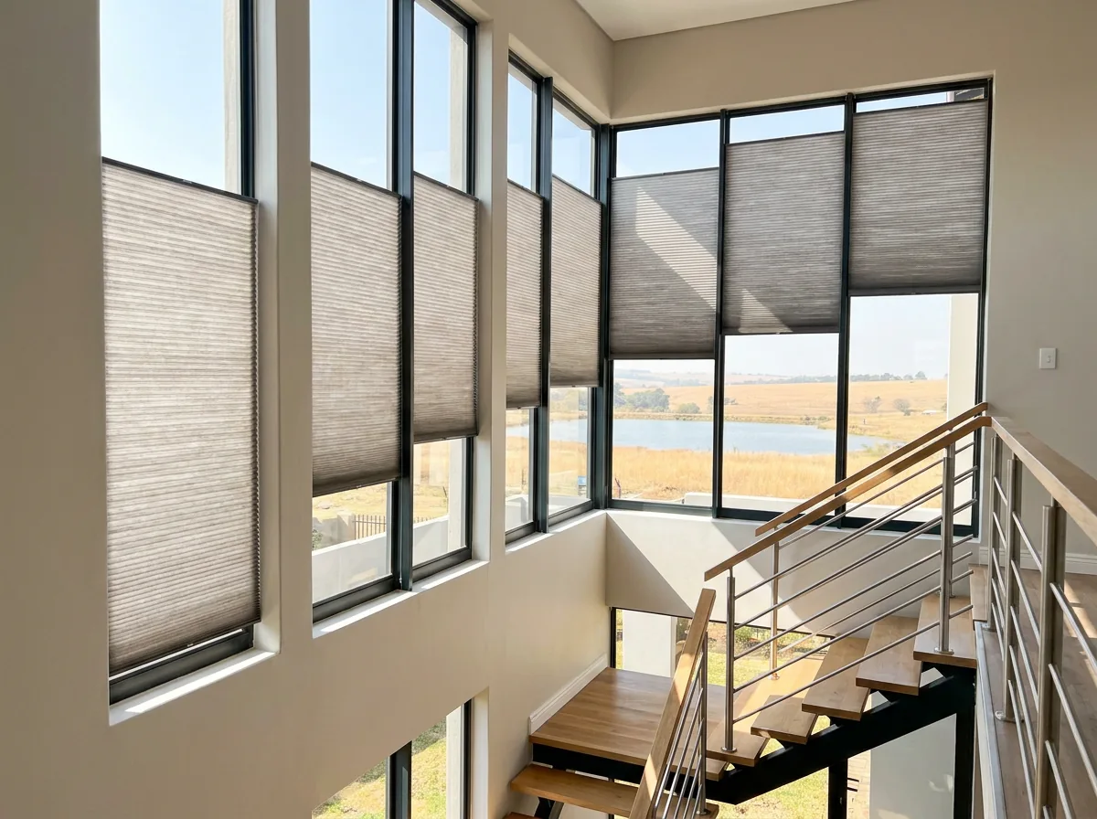 Cordless cellular honeycomb blinds lowered at varying heights over a double-volume stairwell window in a new Six Fountains estate home