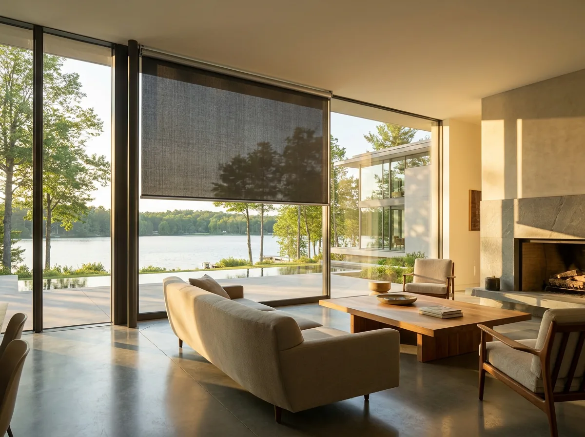 A sunscreen mesh roller blind half-lowered over a wide lounge window at Six Fountains, the estate lake still visible through the open-weave fabric