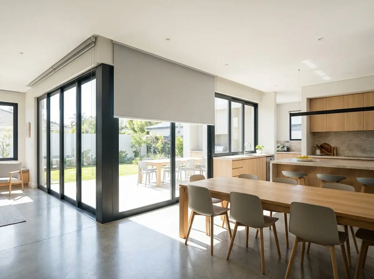 Concealed ceiling blind box above sliding doors in a bright open-plan dining and kitchen area in a Boardwalk Meander home