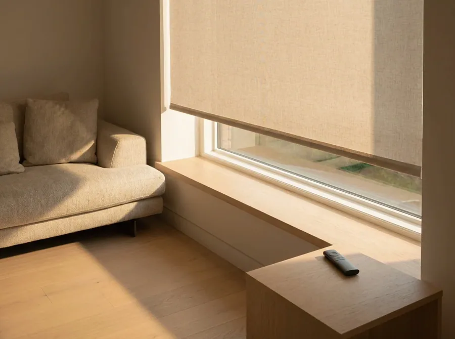 Motorised roller blind at a picture window with its remote control on the side table