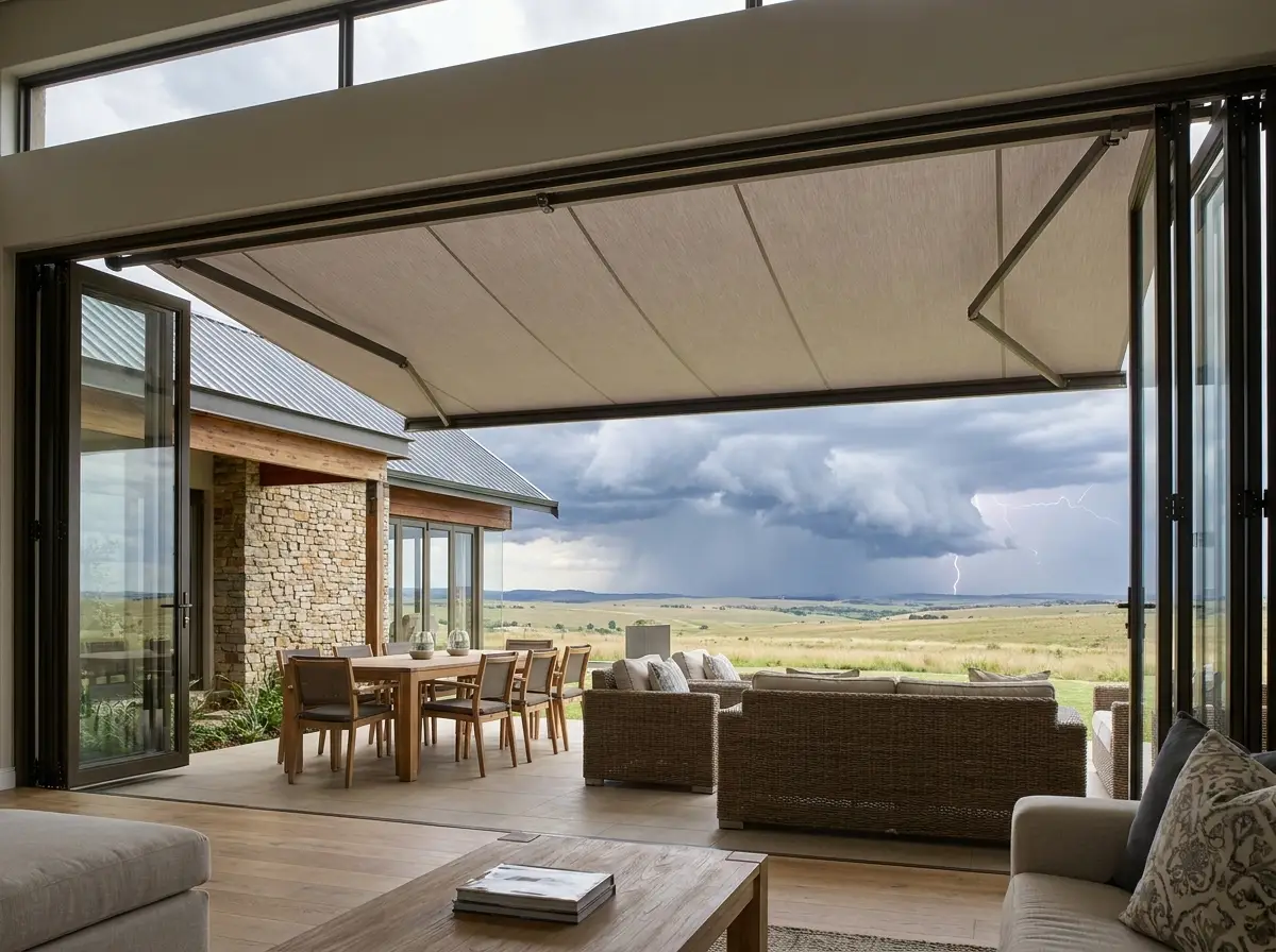 Folding-arm awning extended over an outdoor dining patio, viewed from inside a Six Fountains living room