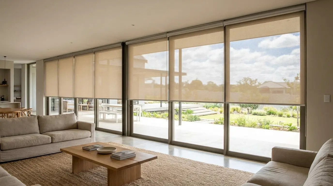 Sunscreen roller blinds lowered over floor-to-ceiling stacking doors in a Six Fountains estate living room