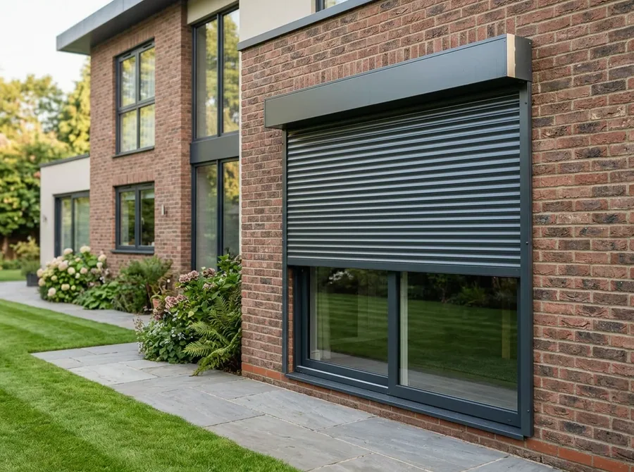 Charcoal aluminium roller shutter lowered over a window on the outside of a brick estate home